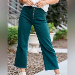 Judy Blue Teal Wide Cropped Button Fly Jeans.